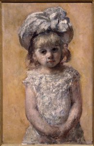 Ritratto di ragazza o vestito di pizzo. Ritratto di una bambina in un vestito bianco che sembra triste. Dipinto dell