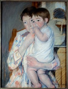 Donna e bambino davanti a un tavolo con marmellata e una ciotola. Dipinto di Mary Cassatt da Mary Stevenson Cassatt
