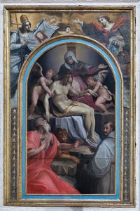 Deposizione con i santi Girolamo e Francesco, 1550-1600 circa (olio su tavola)
