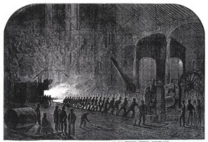 Processo di laminazione delle piastre corazzate per le navi di Sua Maestà agli Alas Steelworks, Sheffield, illustrazione da 