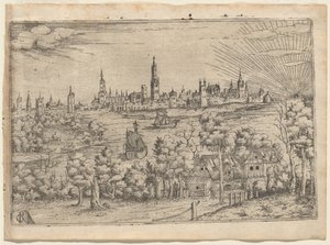Vista attraverso un Fiume verso una Città Murata al Tramonto