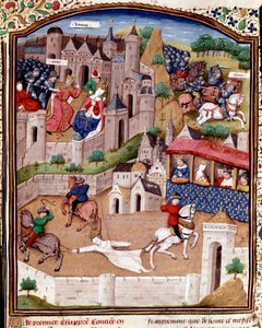 Il tormento di Brunehaut, la regina merovingia Brunehilde (543-613) viene trascinata da tre cavalli per ordine del re Clotario - Miniatura tratta da "De casibus" di Giovanni Boccaccio detto Jean Boccaccio