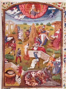 Visione di Boccaccio: scena di tortura, impiccagione, massacro. Miniatura tratta da "De casibus" di Giovanni Boccaccio detto Jean Boccaccio (1313-1375), scrittore italiano, tradotto da Laurent de Premierfait da Master Dunois