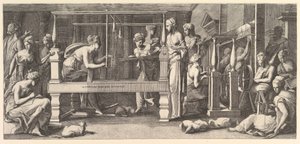 Donne che filano, tessono e cuciono, 1540-50 da Master FG