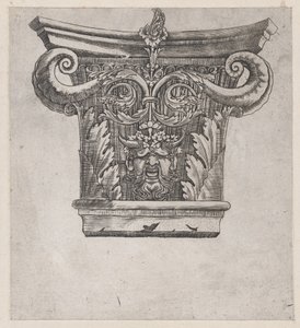 Speculum Romanae Magnificentiae: Capitello con volute a baccello di pisello e testa di satiro, ca. 1537 da Master GA