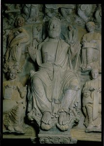 (dettaglio) del Portico de la Gloria che raffigura Cristo in Maestà