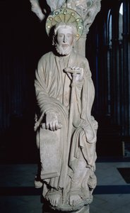 (dettaglio) del Portico de la Gloria che raffigura San Giacomo, XII secolo