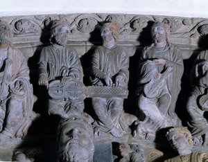 (dettaglio) del Portico de la Gloria che raffigura musicisti