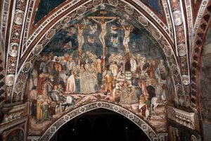 La crocifissione. Affresco del Maestro del Sacro Speco. XIV secolo. Chiesa Superiore. Monastero di San Benedetto (Sacro Speco), Subiaco (Roma), Italia