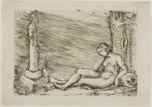 Cleopatra sdraiata ai piedi di un albero, con un termine da Master of 1515
