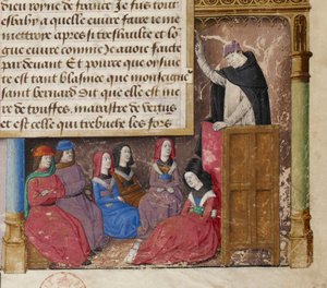Predica di Jacques de Voragine, particolare di una miniatura dal frontespizio di un manoscritto della Legenda Aurea.