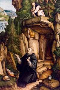 San Benedetto eremita in preghiera, 1540 ca. (Tempera e olio su tavola) da Master of Messkirch