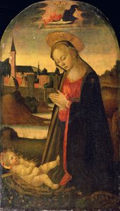 La Madonna che adora il Bambino, una città su un fiume oltre, c.1478 da Master of San Miniato