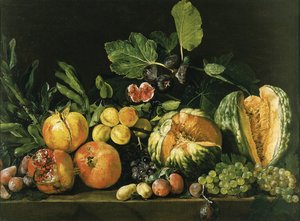Melograni, meloni, uva, pesche, fichi e altri frutti su un ripiano di pietra da Master of the Acquavella Still Life