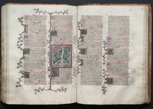 Il Messale di Gotha: Fol. 117v, San Pietro legato a testa in giù alla croce, c. 1375