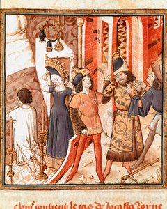 Leggenda di Giocasta, Regina di Tebe. Edipo, cieco, dopo aver scoperto di aver ucciso suo padre Miniatura del Maestro del Campione delle Dame (XV secolo) dal manoscritto "Degli uomini illustri" di Giovanni Boccaccio (Jean Boccaccio) (1313-1375). XV secolo