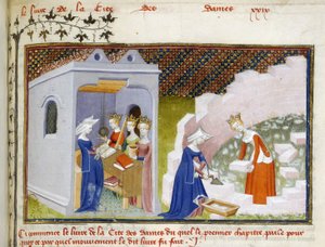 Dettaglio di una miniatura di Christine davanti alle personificazioni di Ragione, Rettitudine e Giustizia e Christine con Ragione che costruisce la Città delle Dame