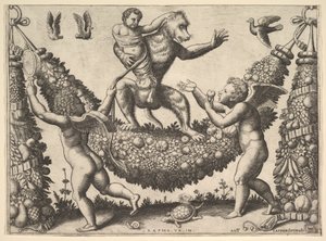 Una scimmia che tiene un putto legato in piedi su una ghirlanda davanti alla quale ci sono due putti alati da Master of the Die
