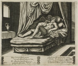 Cupido e Psiche insieme nel letto nuziale da Master of the Die