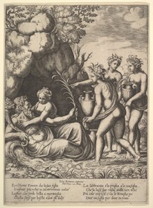 Dafne abbraccia suo padre, il dio fluviale Peneo, a sinistra tre ninfe portano giare ..., 1530-60 da Master of the Die
