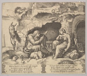 Tavola 1: Apuleio trasformato in asino ascolta la storia raccontata dalla vecchia, 1520-70 da Master of the Die