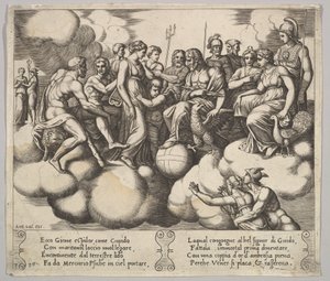 Venere e Cupido che supplicano il loro caso alla presenza di Giove e altri dei (tavola 30) da Master of the Die