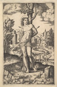 San Sebastiano legato a un albero trafitto da frecce da Master of the Die