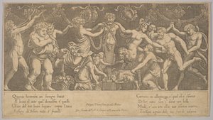 Il sacrificio a Priapo che è in forma di statua al centro, Bacco e un sa..., 1530-60 da Master of the Die