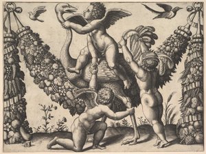 Tre putti davanti a una grande ghirlanda, quello al centro cavalca uno struzzo, ca. 1530-40 da Master of the Die