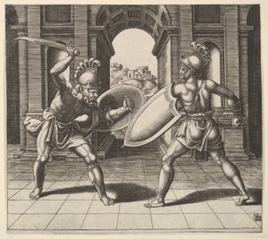 Due gladiatori che combattono davanti a un arco, 1530-60 da Master of the Die