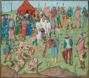 Battaglia di Nicopol dopo il massacro dei cristiani come vendetta per il massacro di Rahova. Jean Froissart, Cronache, Fiandre, Bruges