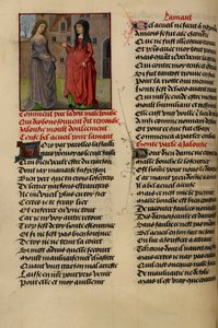 Miniatura mostra Jalousie (Gelosia) che parla con Bel Accueil (Benvenuto), da 