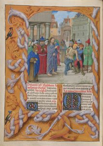 Temporale (1ª parte: dalla Prima Domenica di Avvento al Sabato Santo). Cristo scaccia un demonio muto (Terza Domenica di Quaresima). Bordo e due colonne di testo, con iniziali. da Master of the Dresden Prayer Books