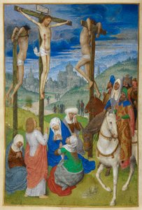 La Crocifissione. Ore della Croce. Cristo sulla croce tra i due ladroni, con diverse figure; tre a cavallo. San Giovanni sta in piedi, e la Vergine e le Tre Marie siedono ai piedi della croce. Una veduta di Gerusalemme sullo sfondo.