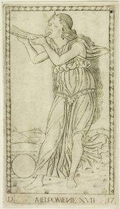 Melpomene, tavola diciassette da Apollo e le Muse da Master of the E Series Tarocchi