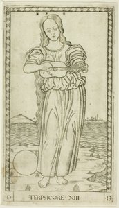 Tersicore, tavola tredici da Apollo e le Muse da Master of the E Series Tarocchi