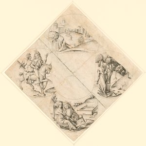 Disegno per un quatrefoglio con un castello, due amanti, una fanciulla tentata da uno sciocco, una coppia seduta accanto a un abbeveratoio e un cavaliere e la sua amante montati su un cavallo da Master of the Housebook
