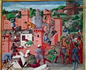 La costruzione della città di Roma. I gemelli Romolo e Remo visitano il sito (ispezione dei lavori e avanzamento dei lavori). I lavoratori sono attivi nel compito: muratori, tagliatori di pietra, portatori, marmo e cemento (preparazione del cemento) al lav
