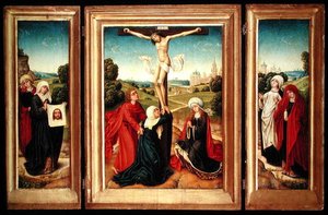 Trittico con il pannello centrale che raffigura la Crocifissione con la Vergine, San Giovanni e Maria Maddalena; l