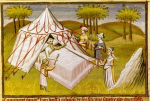 Il leader mongolo Gengis Khan sul letto di morte che dà le sue ultime raccomandazioni ai suoi figli, c.1410 (miniatura) da Master of the Mazarine