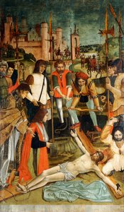 Cristo inchiodato alla croce con un donatore con il braccio in una fascia presentato da un sacerdote da Master of the Pavia Deposition