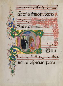 Foglio di manoscritto con San Benedetto che resuscita un ragazzo in una iniziale D, da un antifonario da Master of the Riccardiana Lactantius