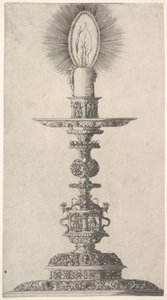 Candeliere con candela accesa da: Insigne Ac Plane Novum Opus Cratero graphicum, Ein n..., 1551 da Mathias Zundt