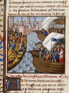 Settima crociata: Re San Luigi e i crociati che assediano Damietta nel giugno 1249 in Basso Egitto. Miniatura tratta dal manoscritto Speculum historiale di Vincent de Beauvais da Maître François