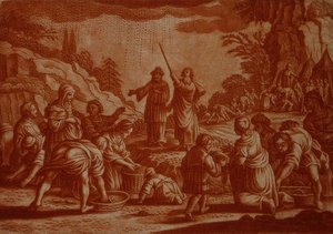 Gli Israeliti che Raccolgono la Manna, illustrazione da una Bibbia, inciso da Gabriel Bodeneer (1673-1766) (incisione seppia) da Mattaus II (after) Merian