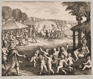 Sul servizio di cibo dei selvaggi, la preparazione delle bevande e le loro danze per il re da Matthäus Merian d.Æ.