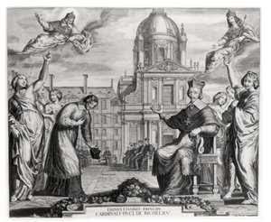 Robert de Sorbon (1201-94) e il Cardinale Richelieu (1575-1642) davanti alla Sorbona, inciso da Gregoire Huret (1606-70) 1639
