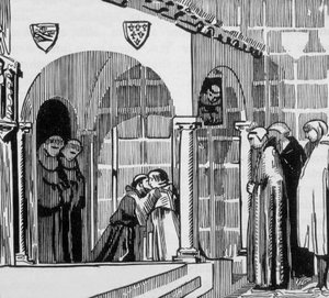 Re francese San Luigi (Luigi IX 1214-1270) come pellegrino in visita a San Frere Gilles a Perugia, inciso da Jacques Beltrand dopo un disegno di Maurice Denis da Maurice (after) Denis