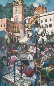 Amalfi, Piazza and Duomo (colour litho)