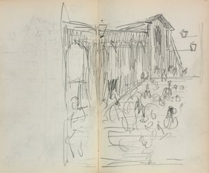 Taccuino italiano: Ponte con figure pagine 95 e 96, 1898-1899 da Maurice Brazil Prendergast